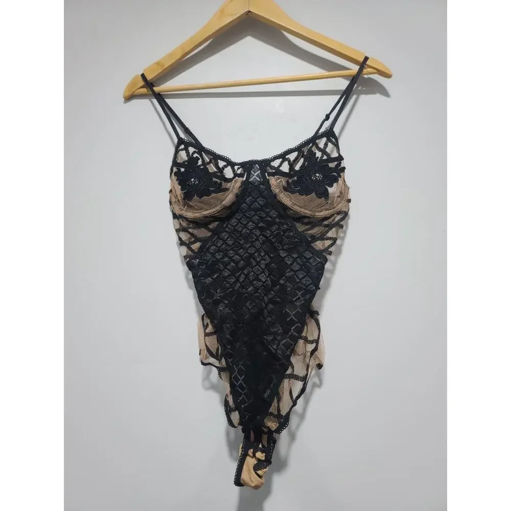 For Love & Lemons Delilah Skivvies Black Nude Floral Lace Underwire Bodysuit M